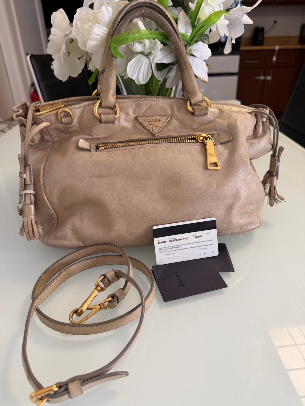 Prada Taupe Leather Satchel with Gold Hardware and Removable Strap